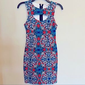 NEVER WORN! Colorful bodycon tight dress with keyhole neckline - zips in back!